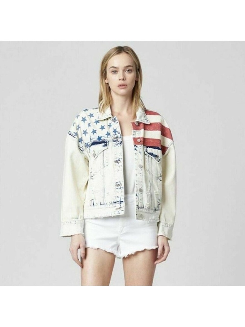 Blank NYC American Flag Distressed Denim Jacket Size S - Picture 3 of 15